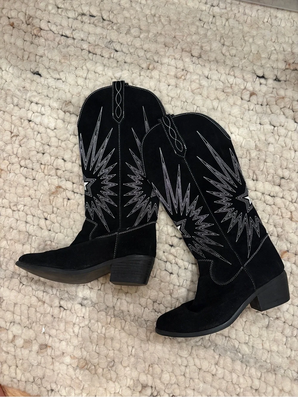 Dingo black suede cowboy boots with white embroidered starburst design